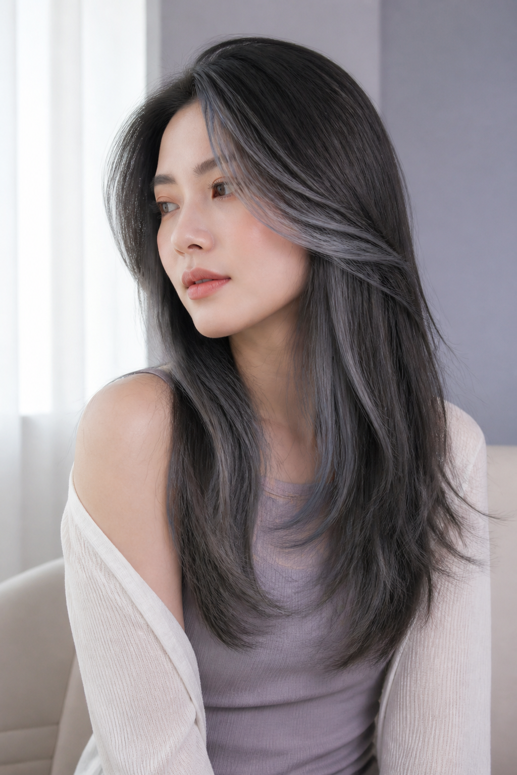 medium gray shag hair ideas: peekaboo layers without bangs in an original editorial composition