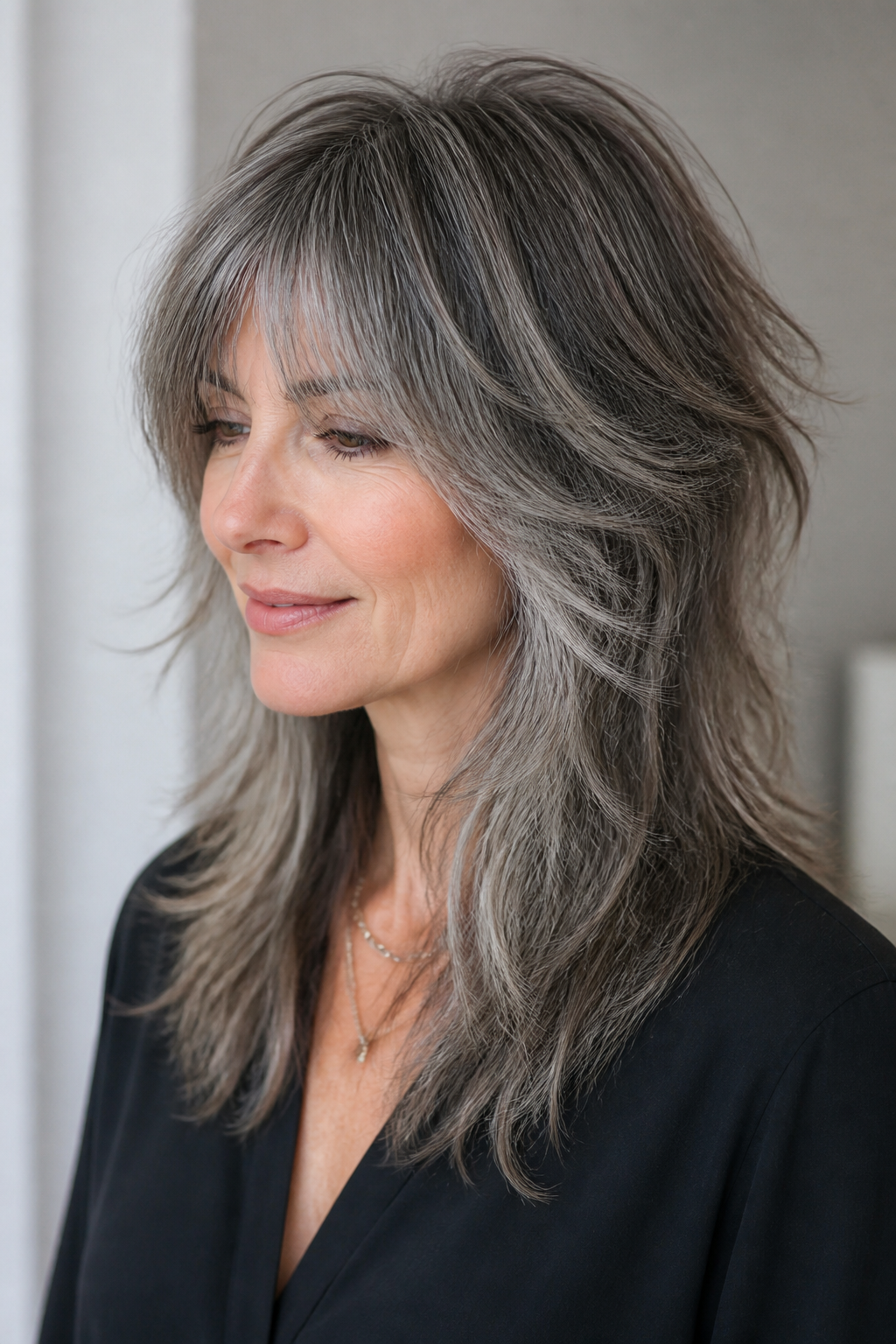 medium gray shag hair ideas: wispy shag with gray balayage in an original editorial composition