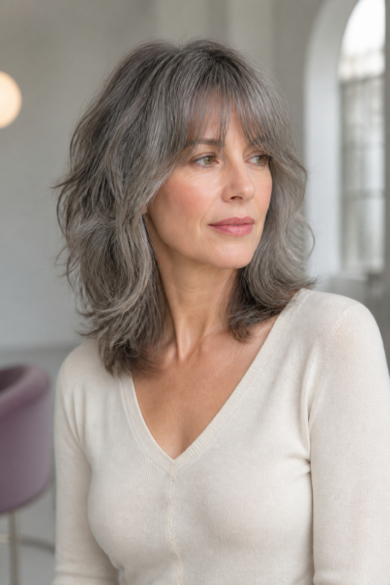 medium gray shag hair ideas in an original editorial composition