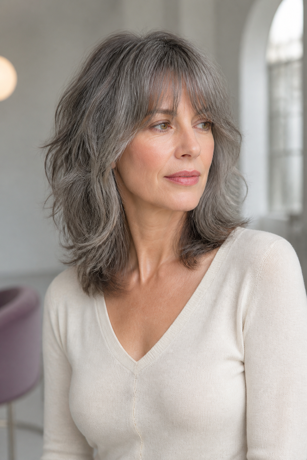 medium gray shag hair ideas in an original editorial composition