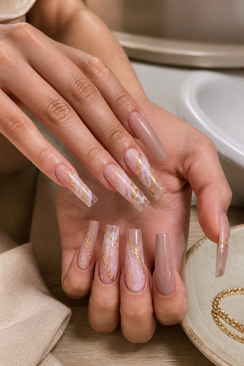 soft nude gemstone nail art with gold foil