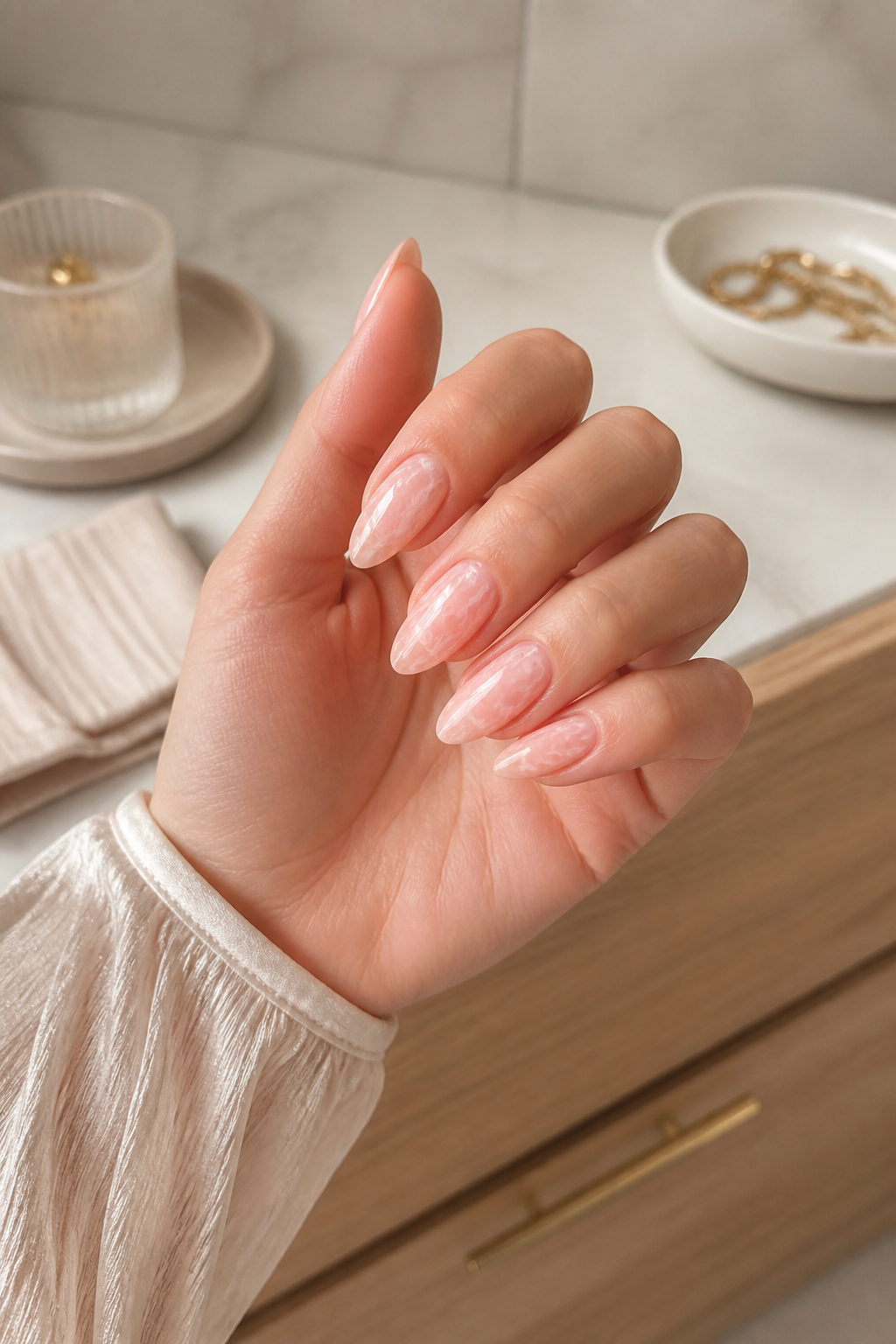 soft pink cloud marble gemstone inspired nails