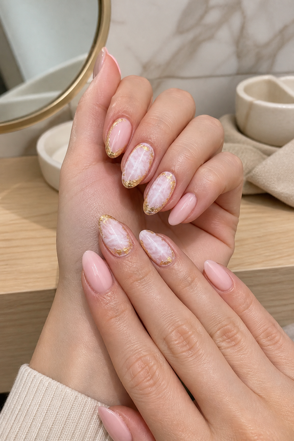 blush marble nails with metallic gold edging