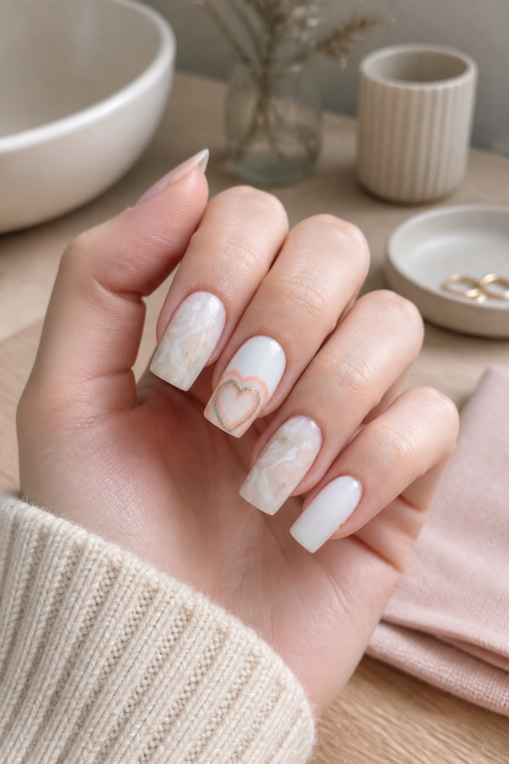 milky marble nails with subtle heart detail