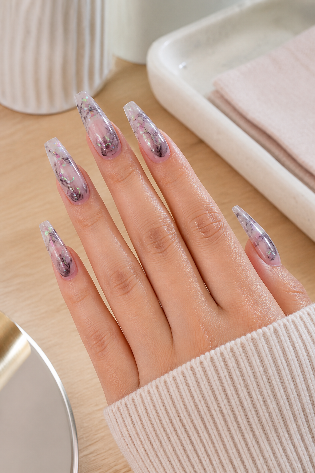 smoky quartz nails with iridescent flakes