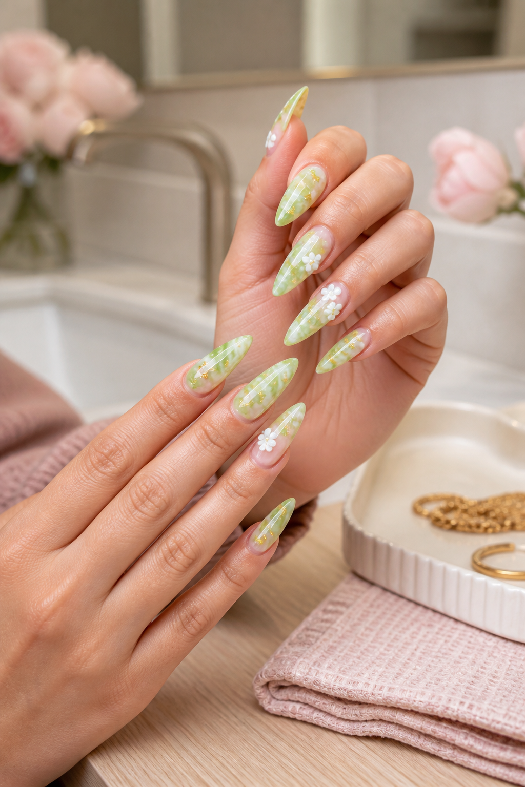 fresh green marble nails with floral details