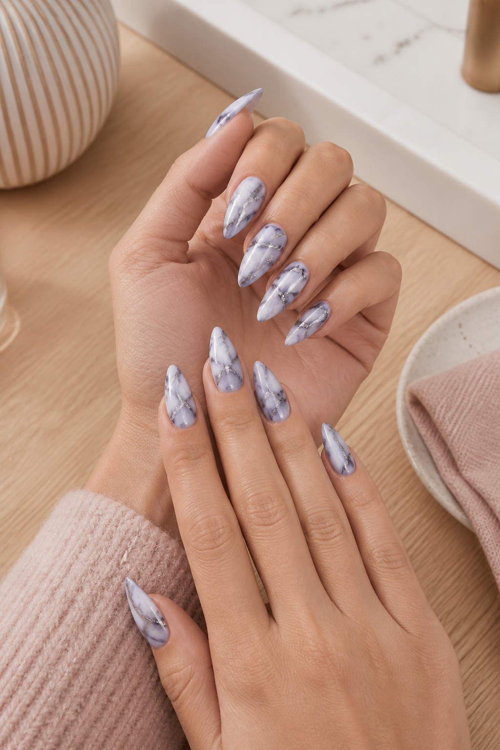 icy lavender marble nails with gray veining