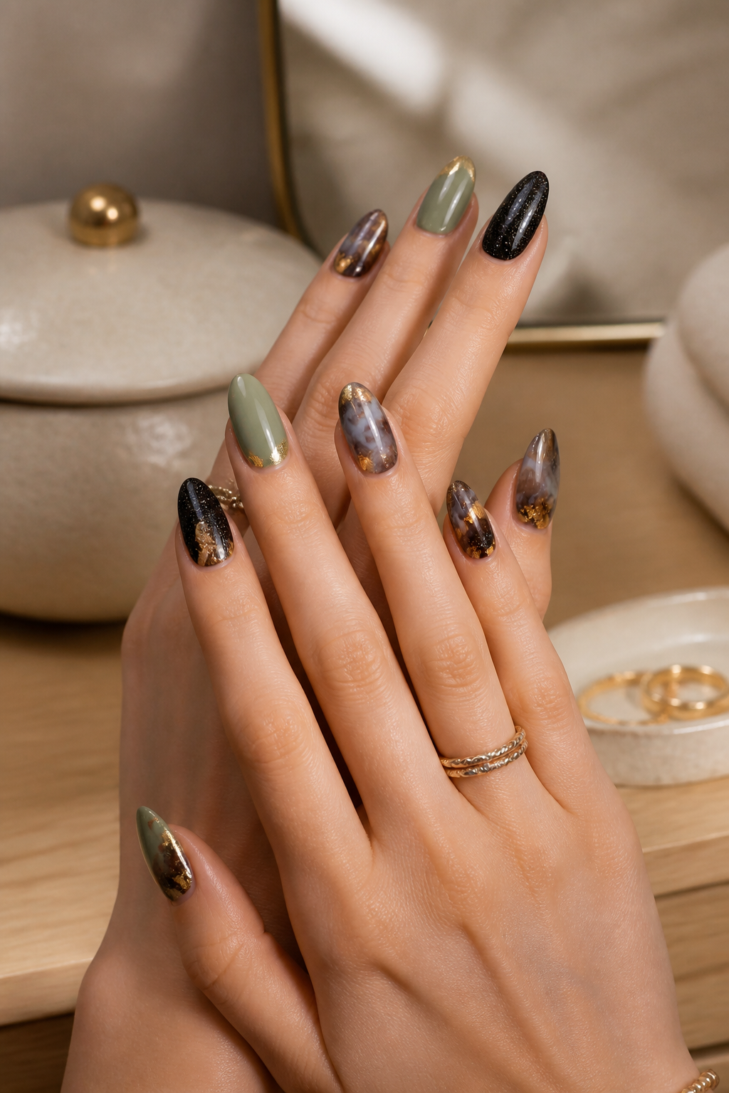 earthy olive gemstone nails with gold sparkle