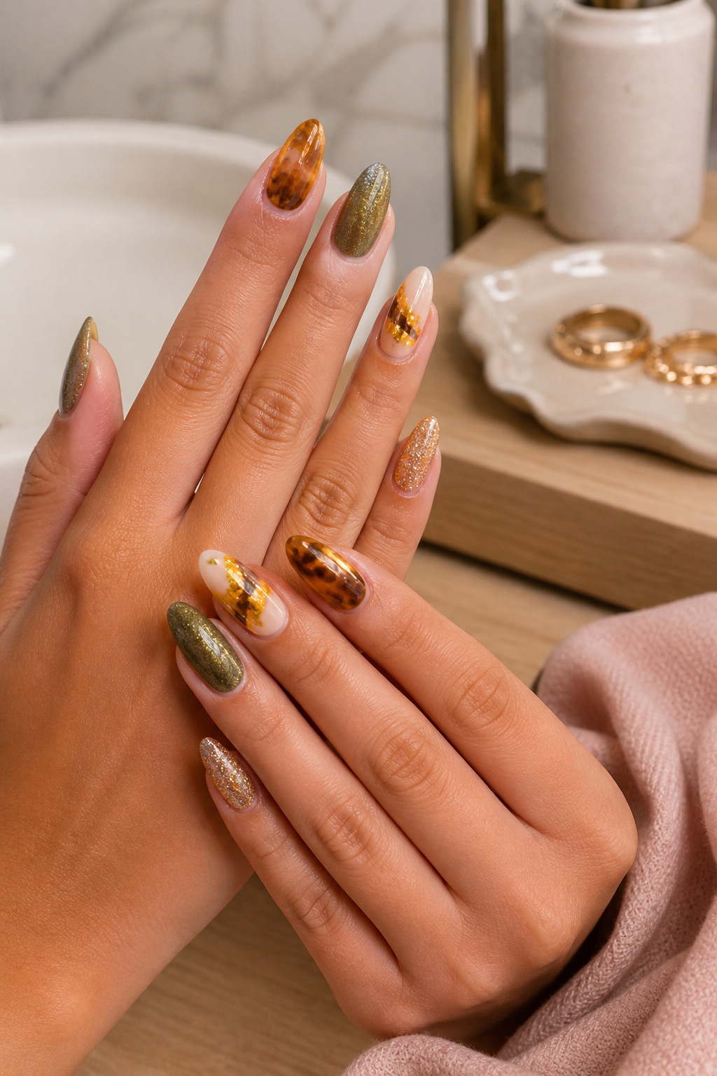 olive smoky marble nails with gold flecks