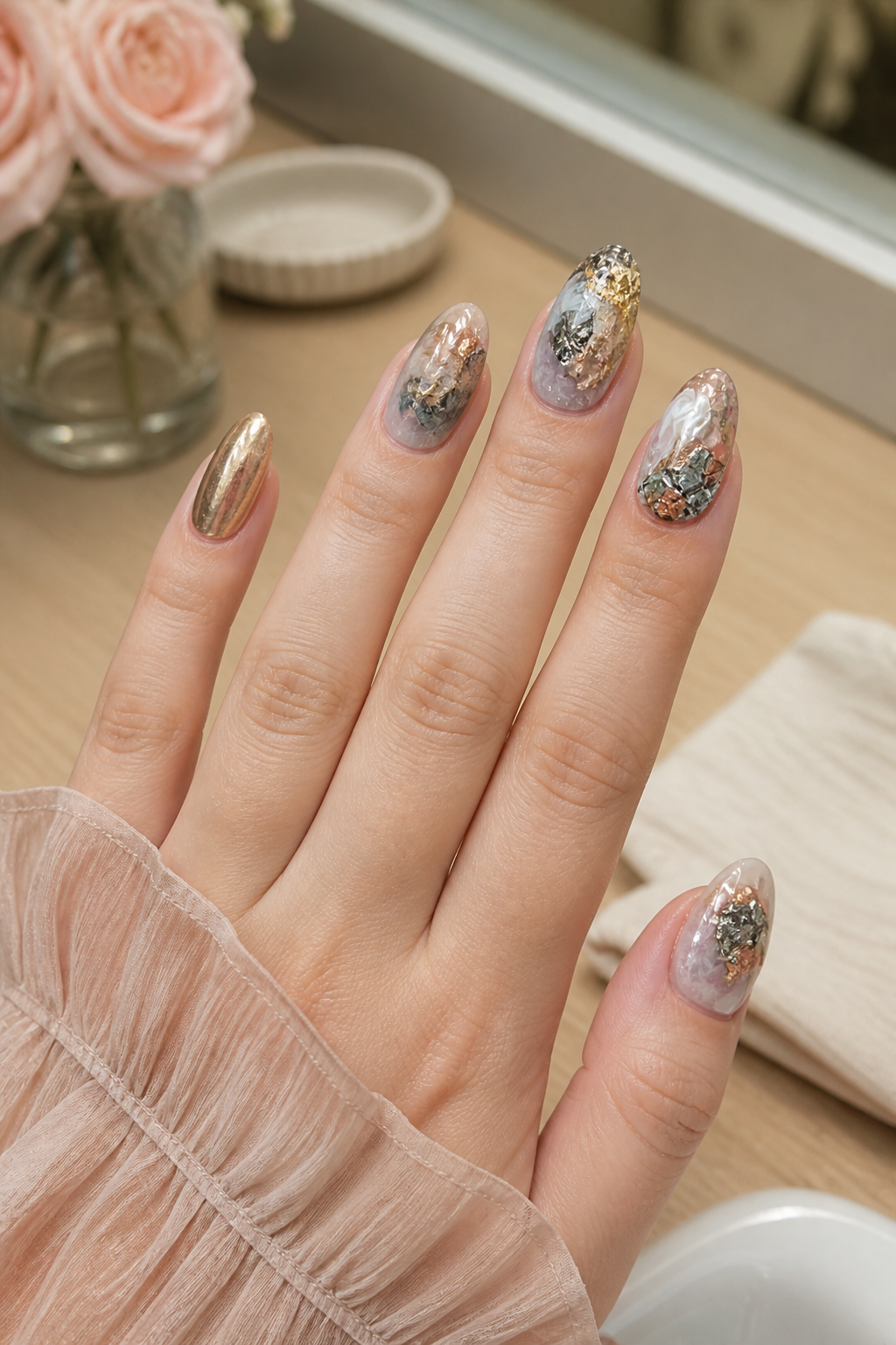 raw mineral nails with metallic stone texture