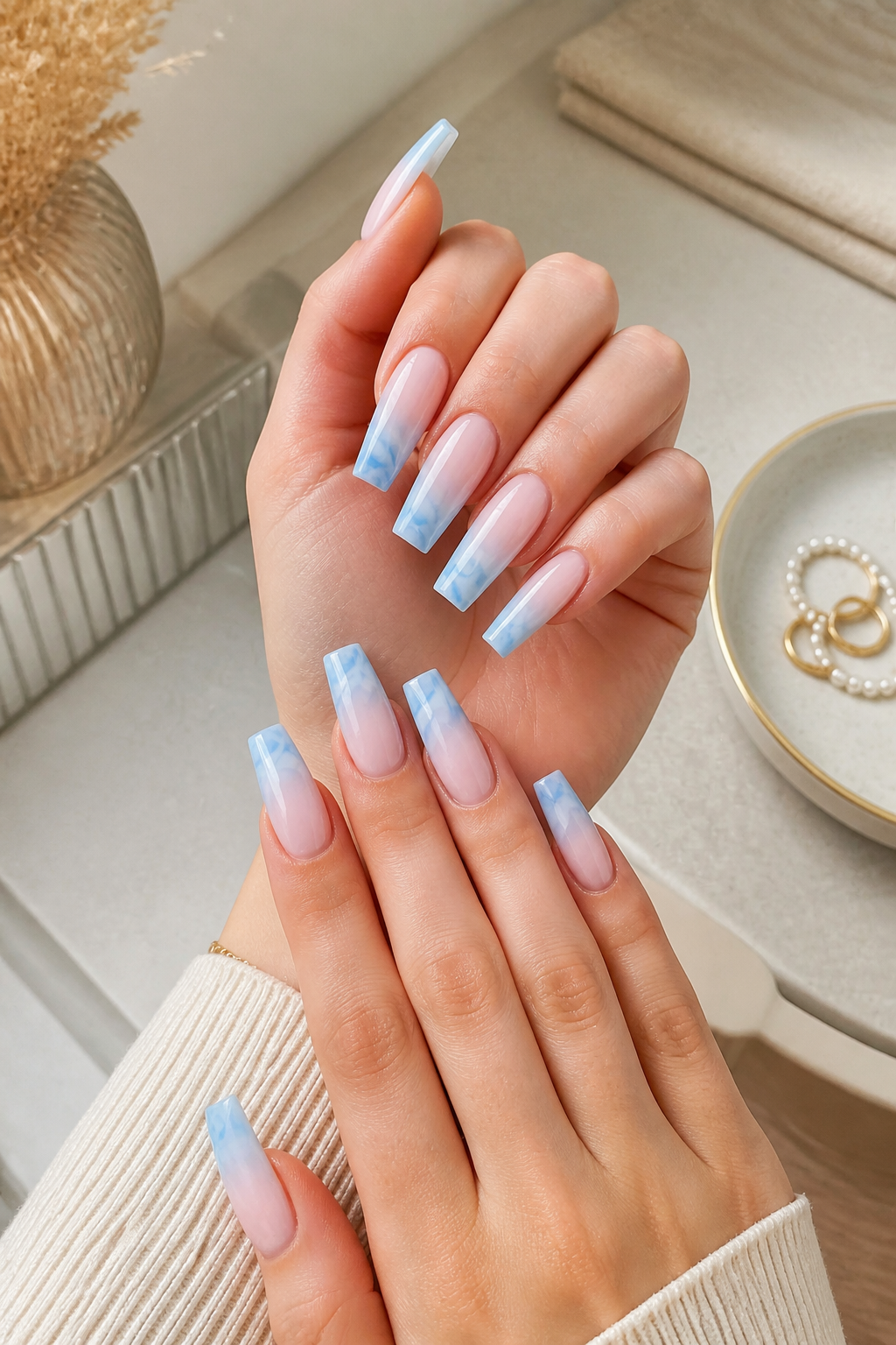 soft blue gradient marble nails