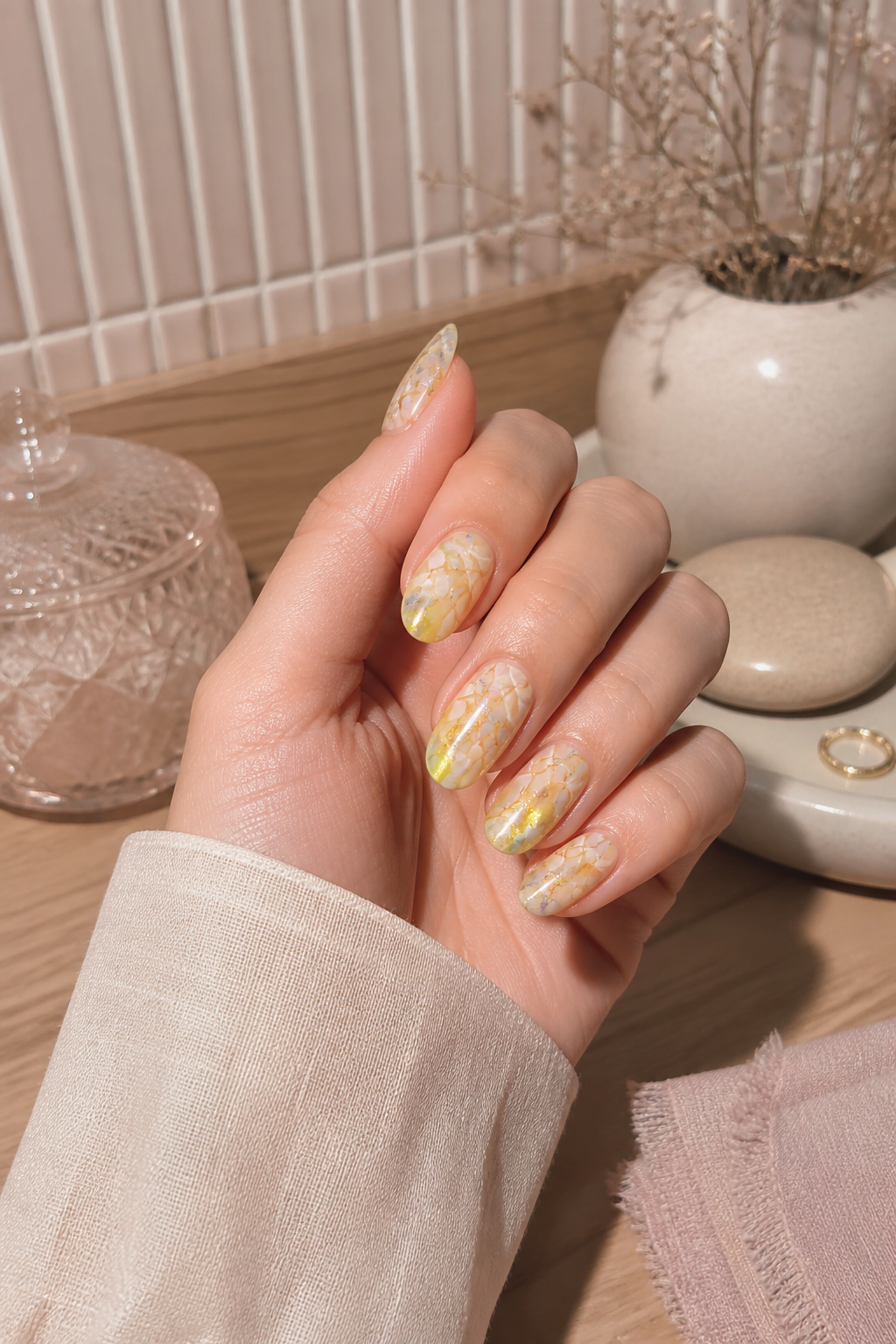 golden honey marble nails with opal glow