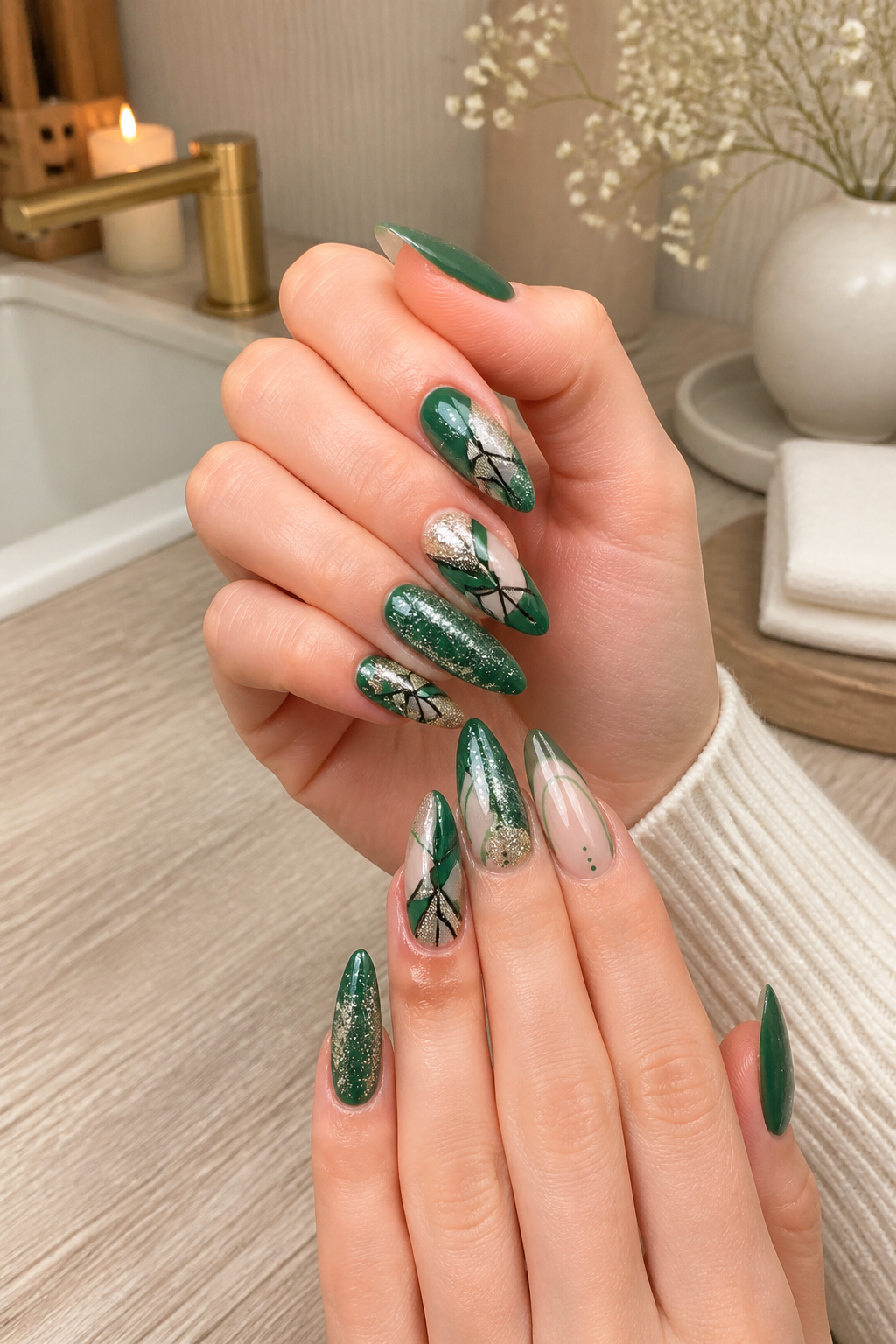 emerald glitter nails with graphic mineral detail