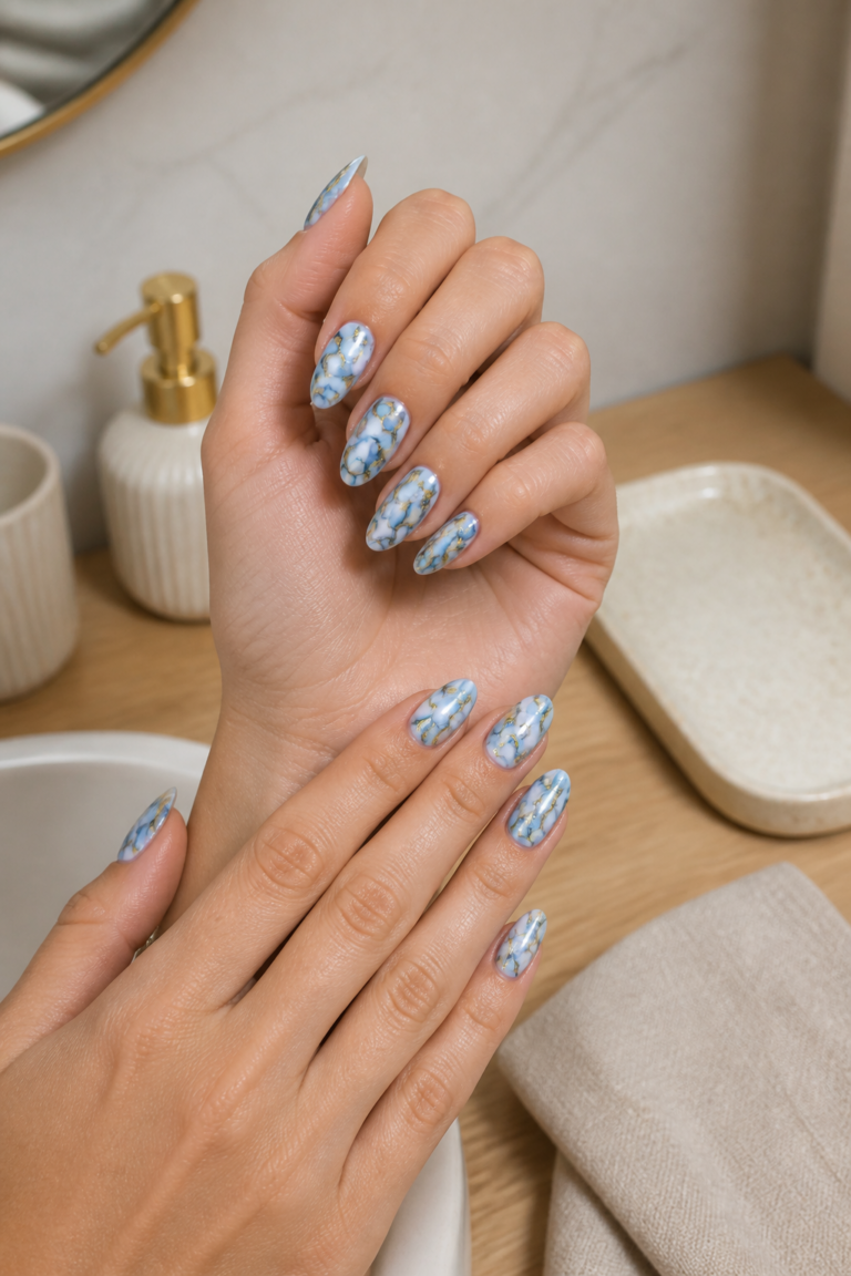 blue marble gemstone inspired nails with champagne gold veining