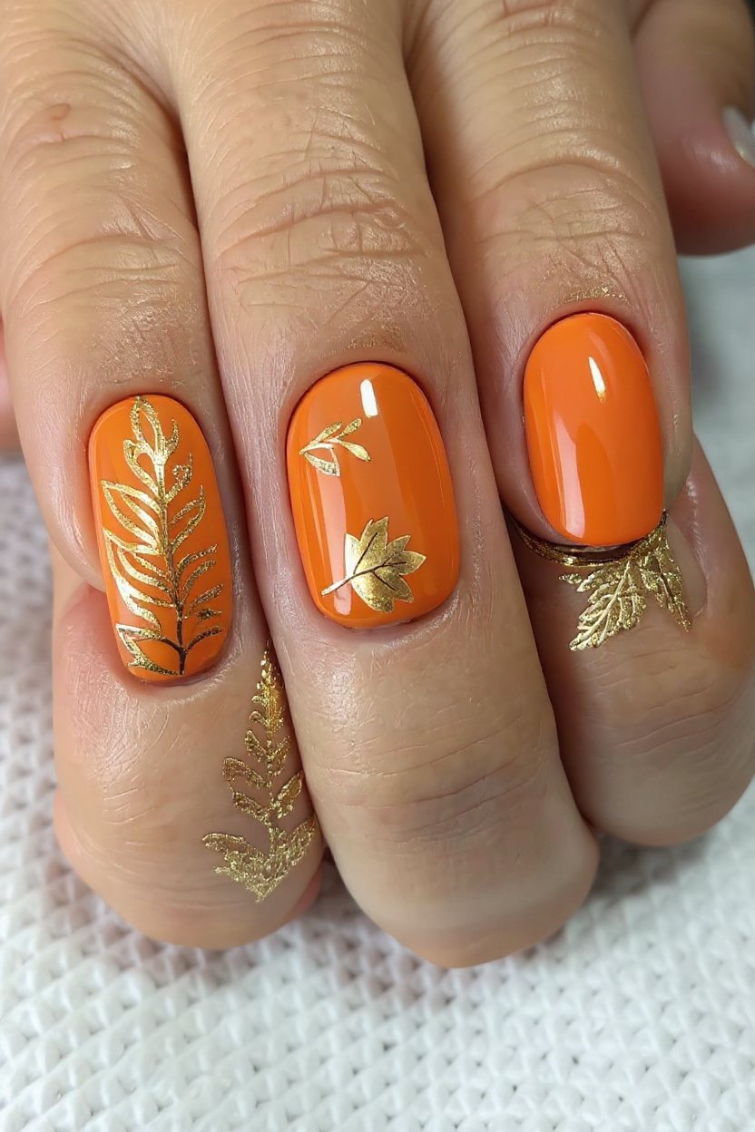 2. Bright Pumpkin Nails with Leaf Accents - autumn nail ideas