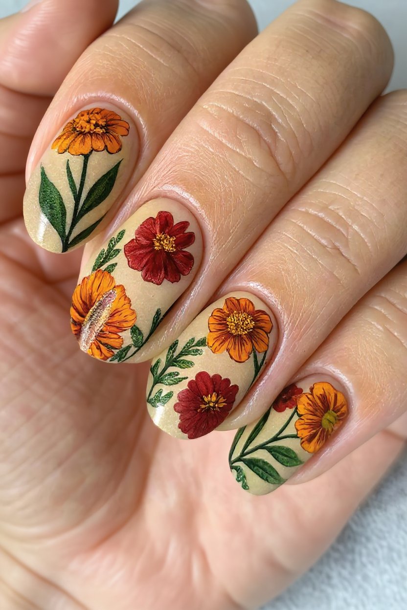 8. Warm Autumn Botanical Florals - autumn nail ideas