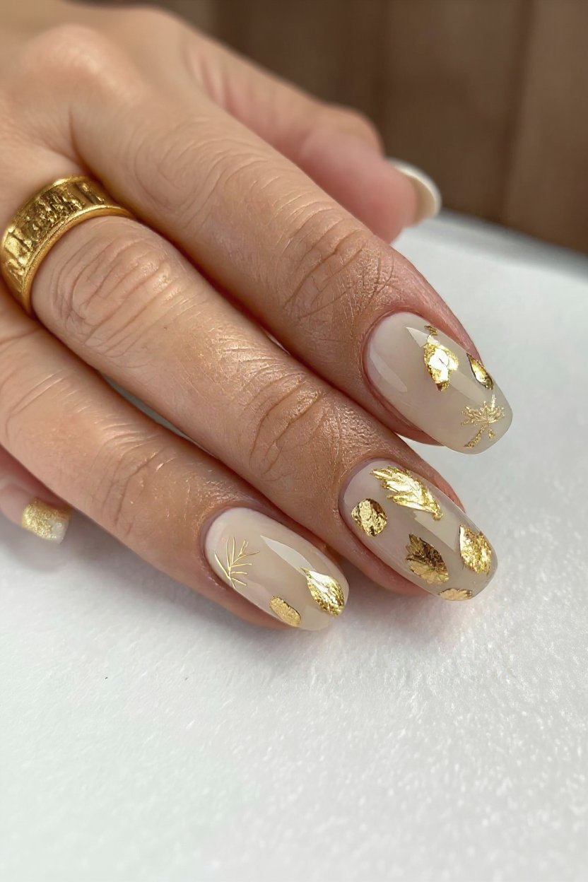 10. Minimalist Leafy Foil Accents - autumn nail ideas