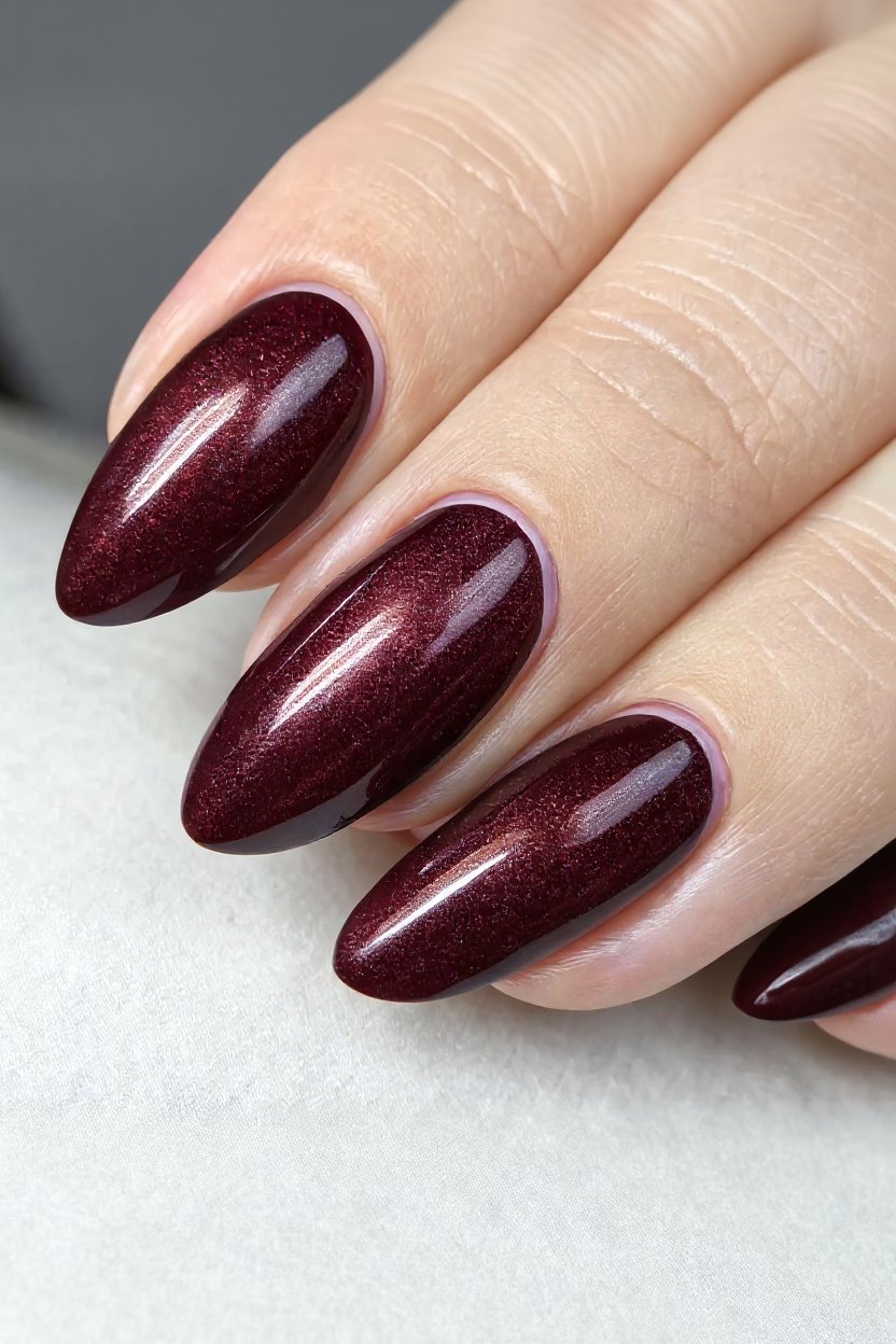 11. Deep Wine Velvet Cat-Eye Swirls - autumn nail ideas