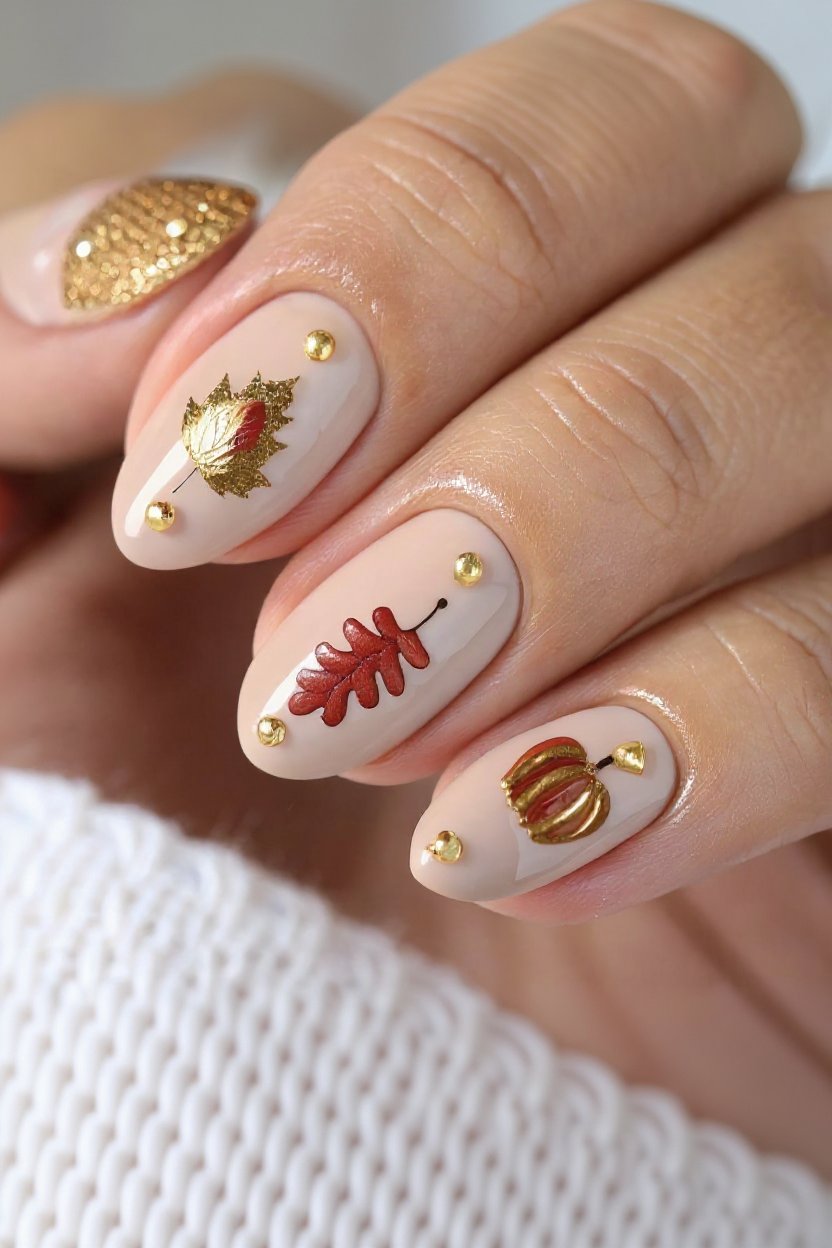 12. Golden Fall Charm Accents - autumn nail ideas