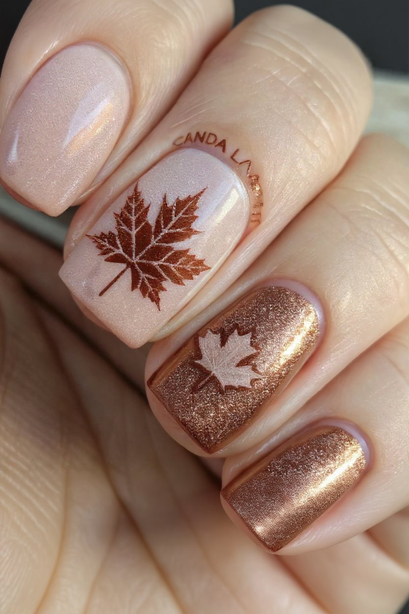 14. Shimmery Gold Leaf Details - autumn nail ideas