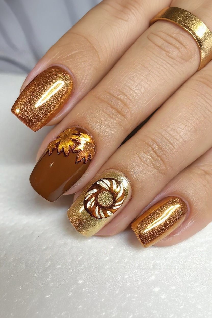 15. Golden-Touched Caramel Chrome - autumn nail ideas