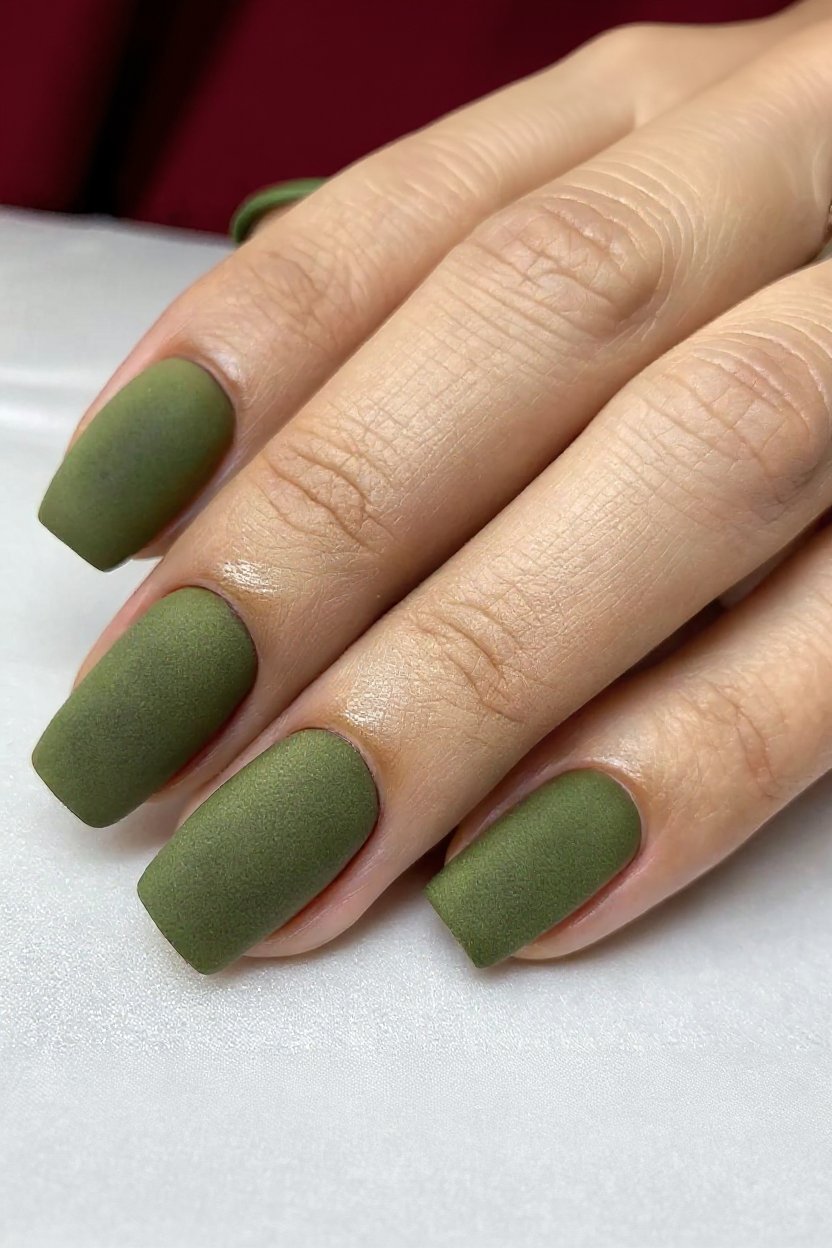 17. Cozy Matte Olive Green - autumn nail ideas