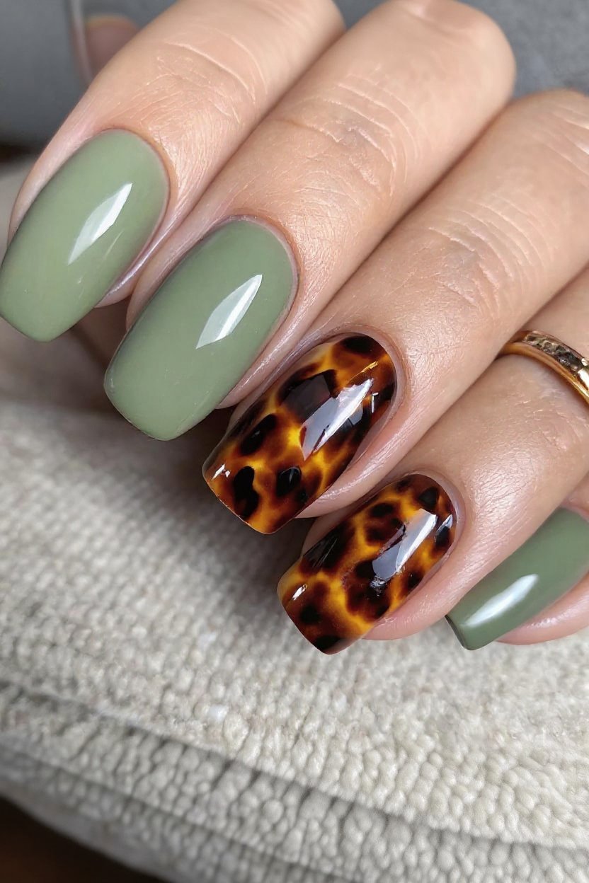 18. Tortoiseshell with Sage Green Accents - autumn nail ideas