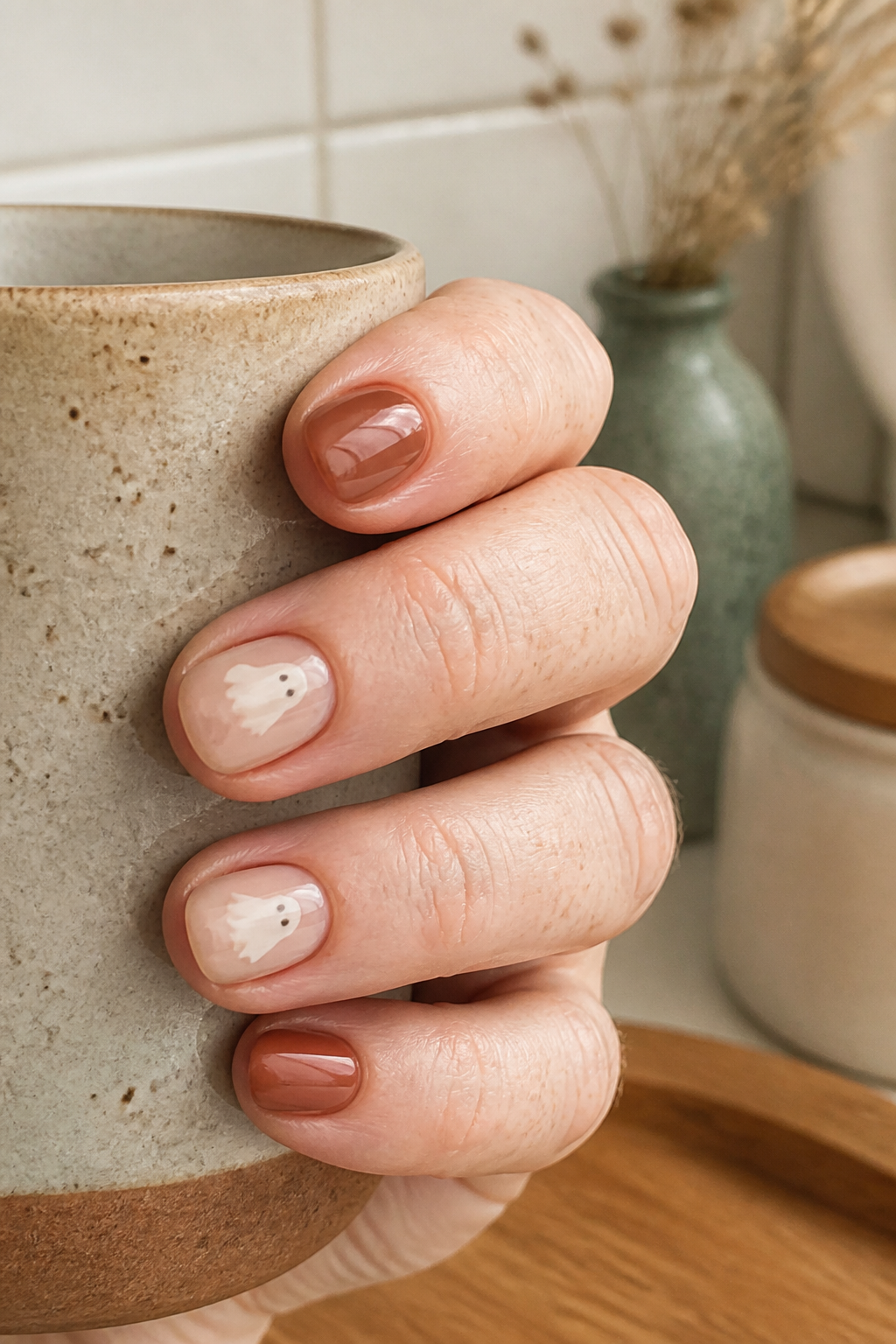 Short terracotta and nude nails with warm ivory ghosts
