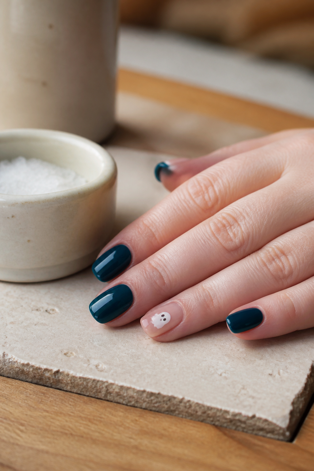 Deep teal short nails with one minimalist ghost accent