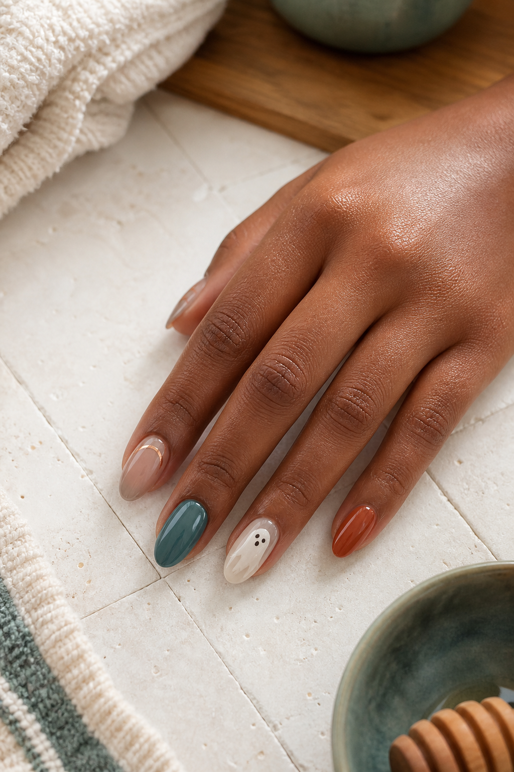 Mix and match teal terracotta nude and ghost Halloween nails
