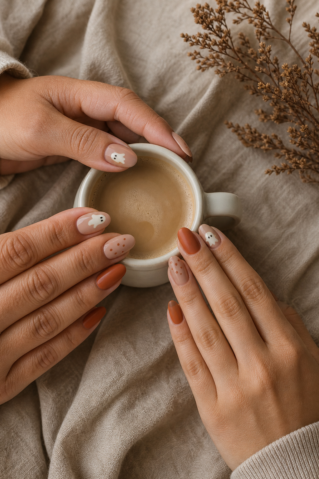 Orange Ghosts ghost manicure shown from a distinct editorial hand pose