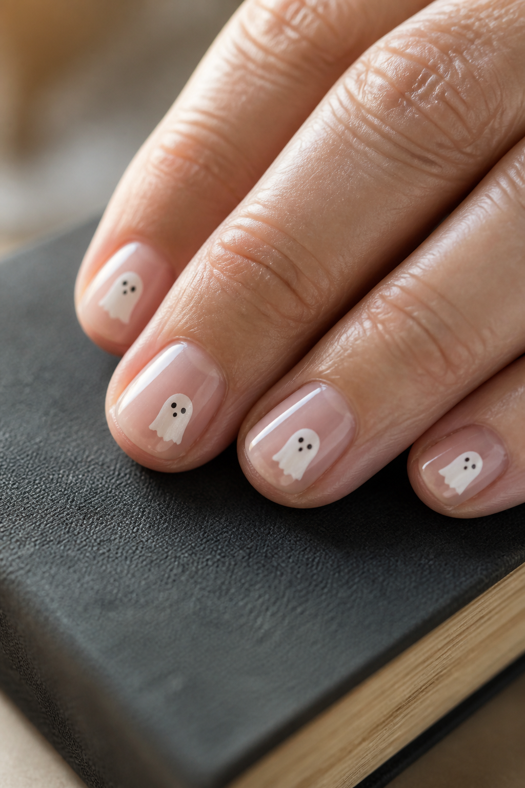 Short Tiny Ghosts ghost manicure shown from a distinct editorial hand pose