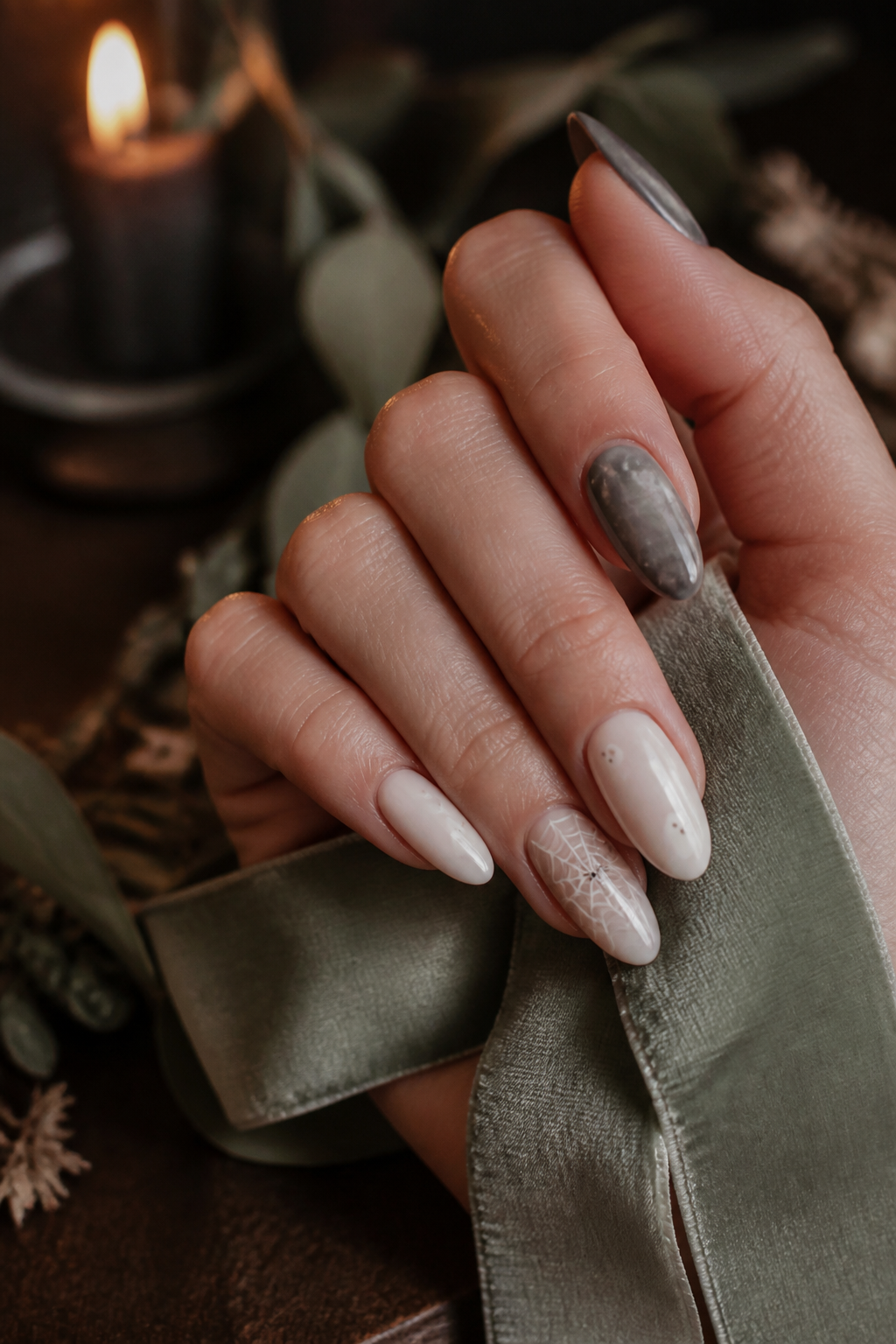 Ghost Spiderweb ghost manicure shown from a distinct editorial hand pose