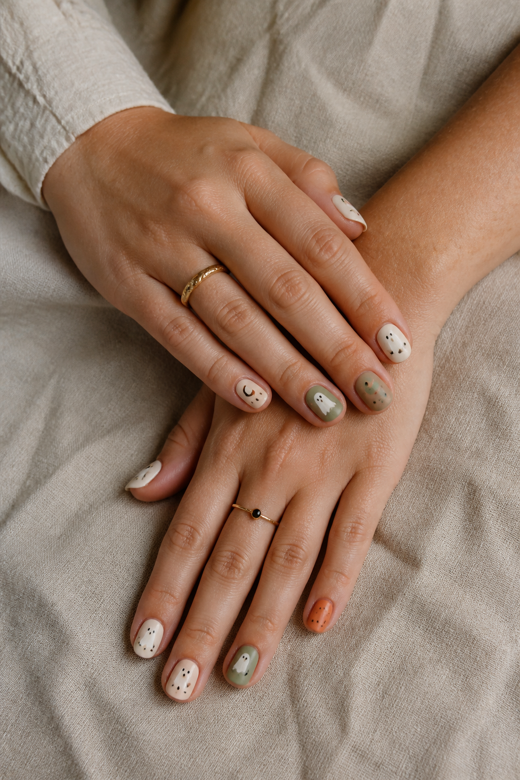 Mix Match Ghosts ghost manicure shown from a distinct editorial hand pose