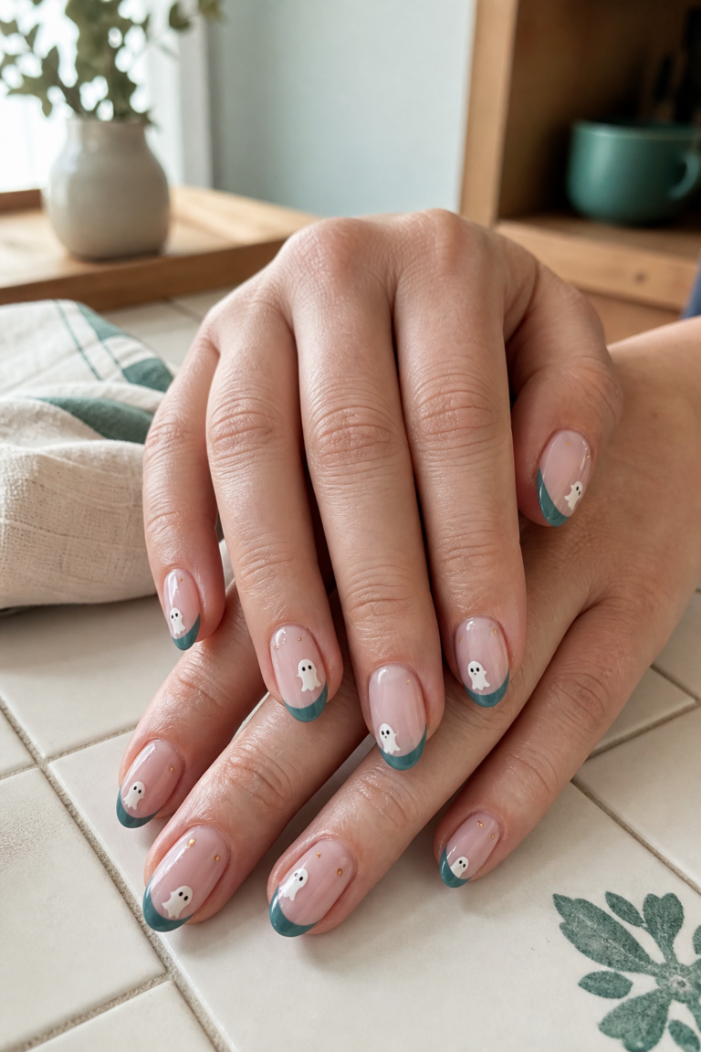 Chic ghost nail ideas with muted teal tips in a warm farmhouse scene