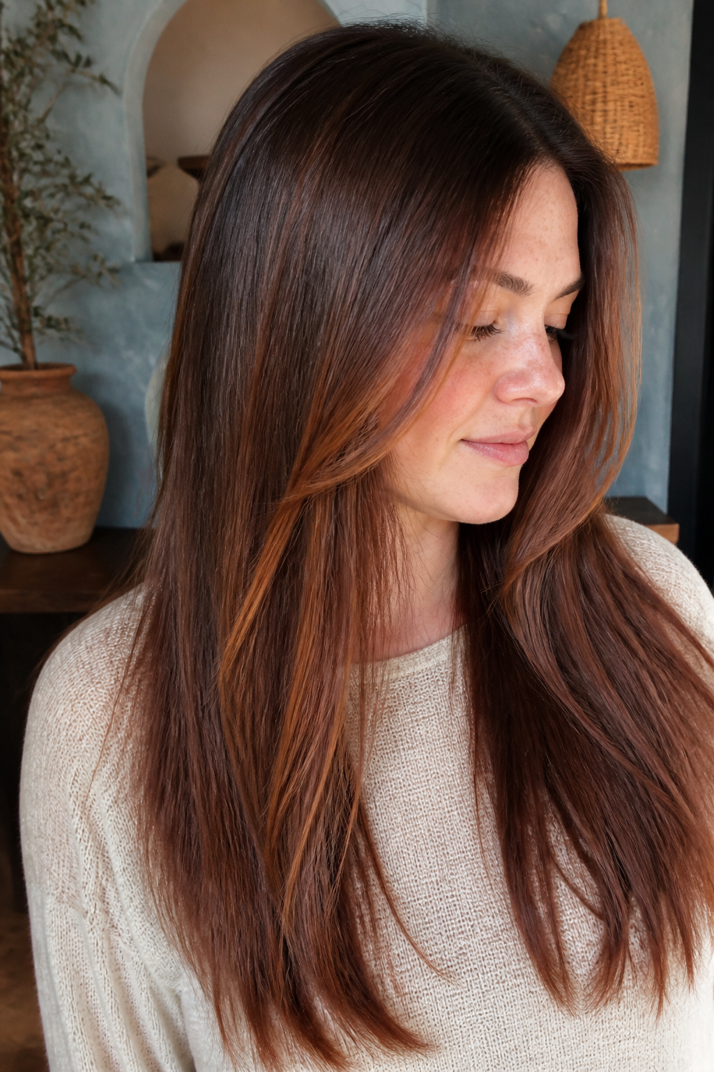 Soft face-framing copper balayage on long layers