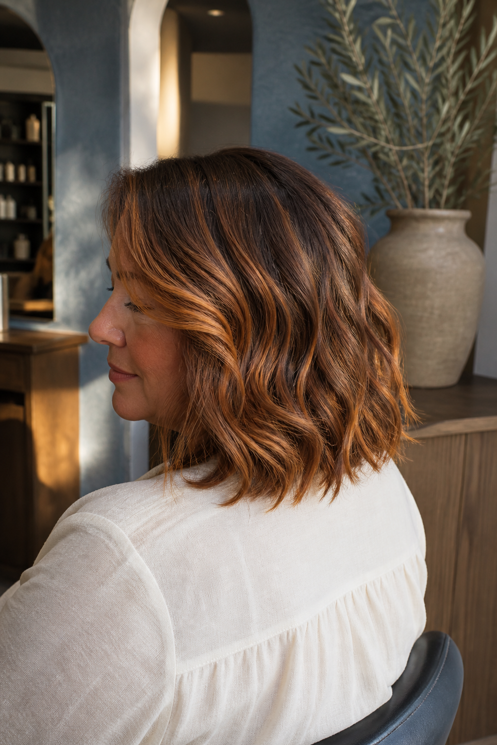 Wavy copper balayage lob with shadowed roots