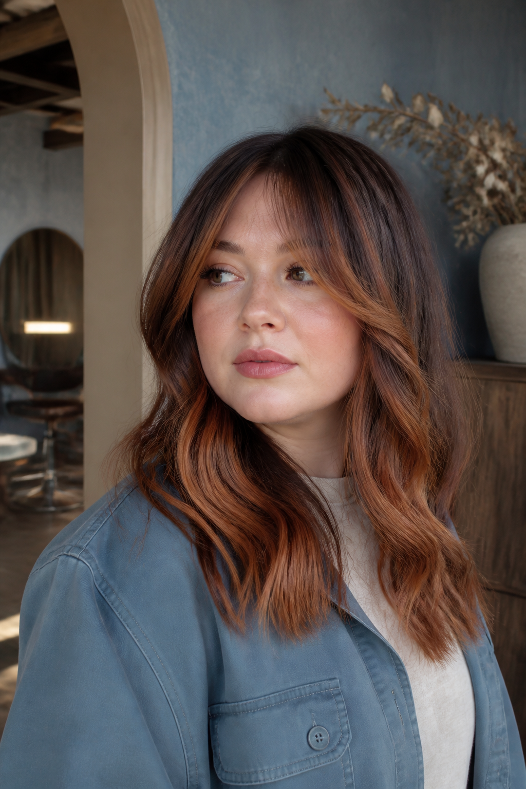 Copper balayage ribbons with curtain bangs