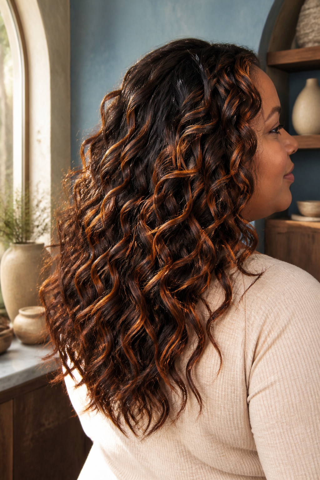 Deep copper balayage on long layered curls