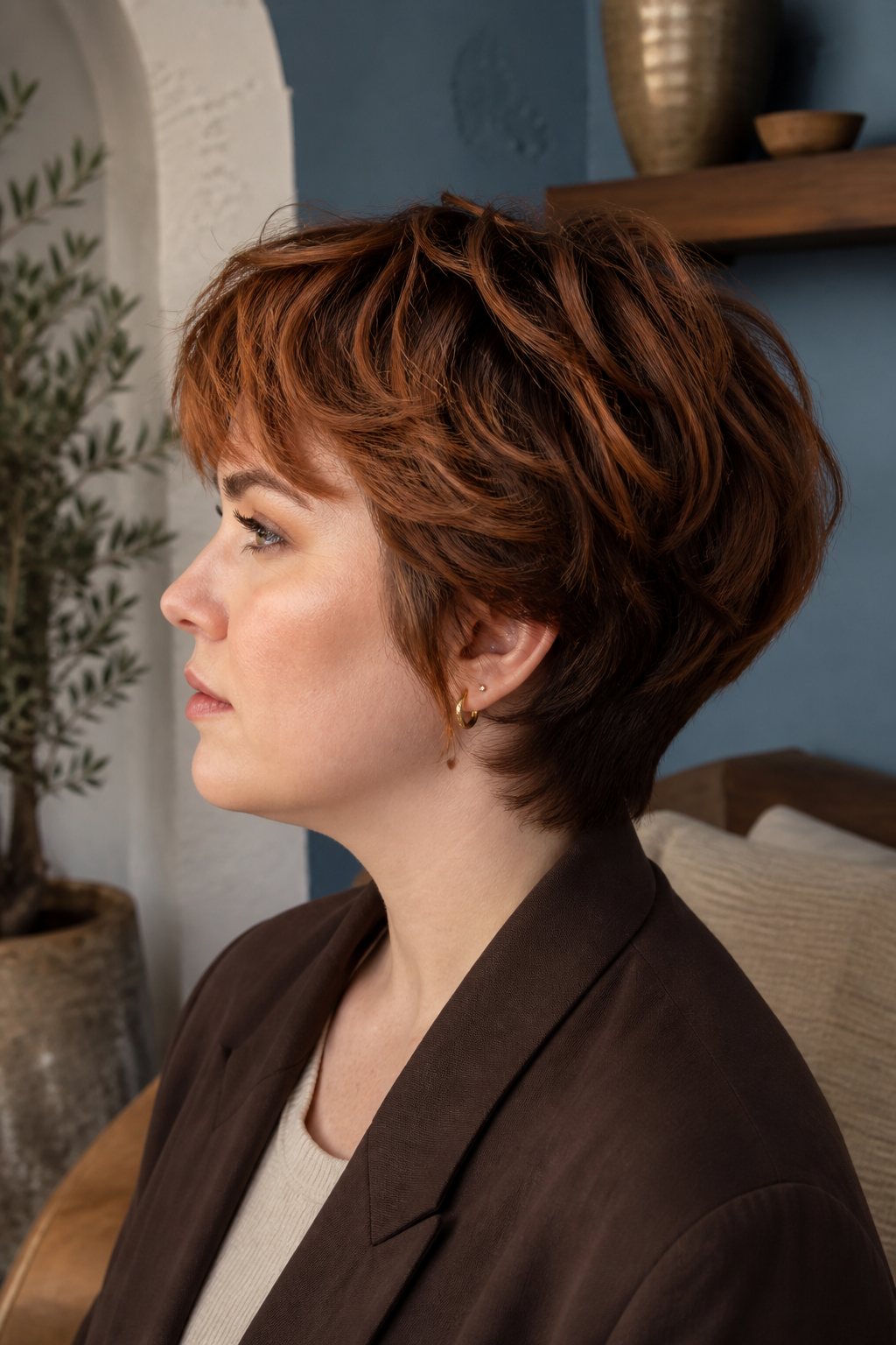 Short layered bixie with subtle copper balayage