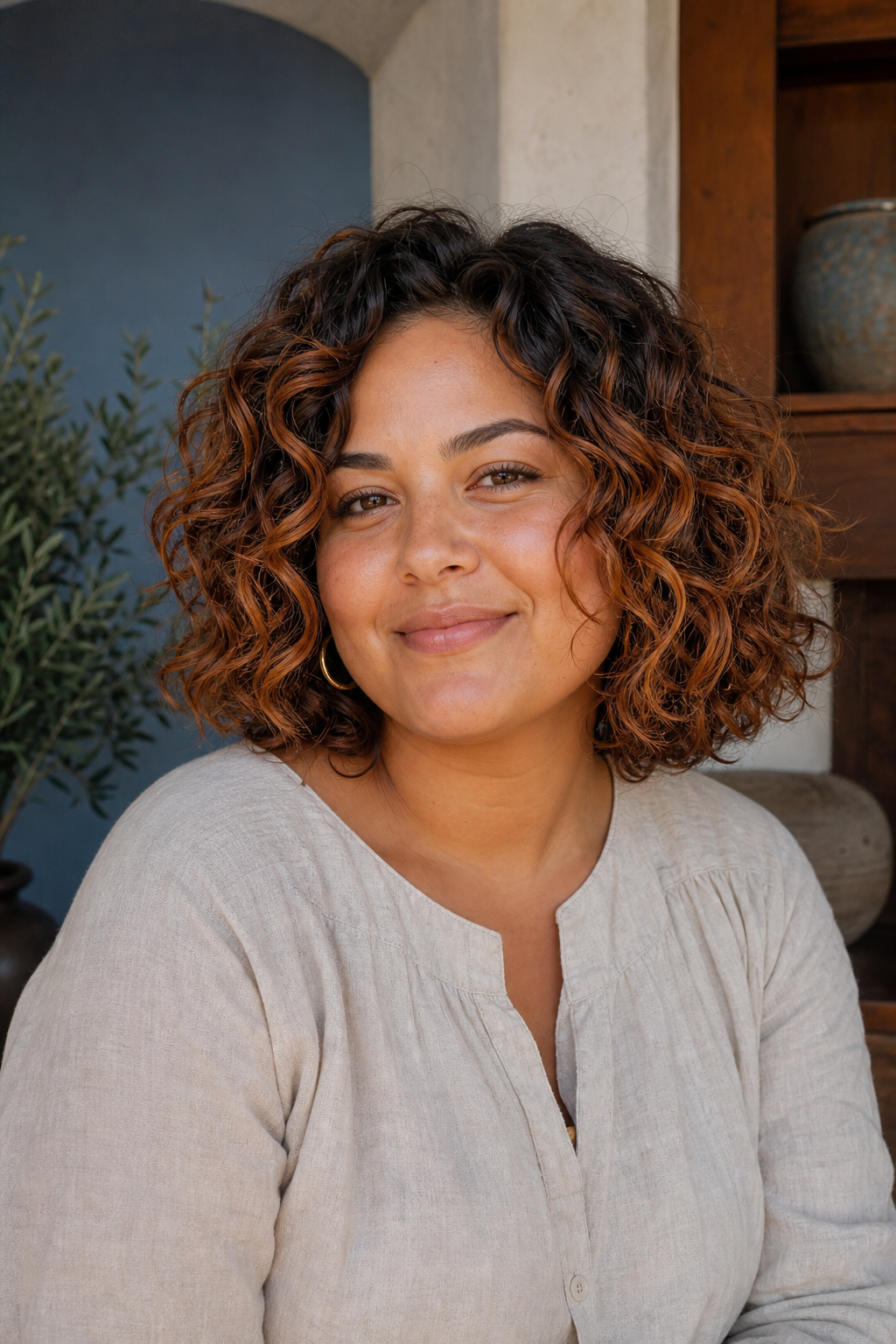Rounded curly bob with dimensional copper balayage
