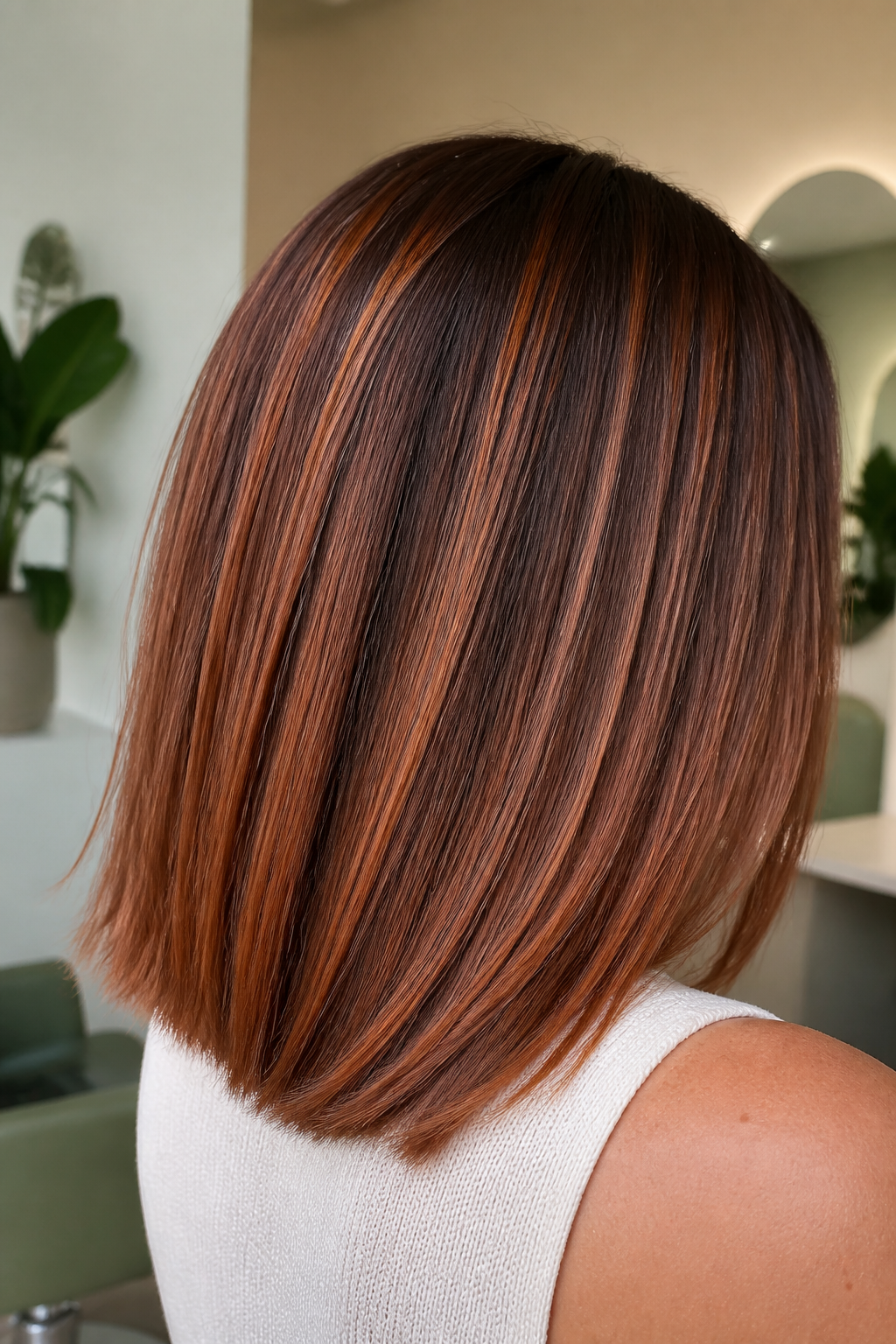 Sleek Auburn Copper hairstyle shown in a realistic hair-focused editorial view