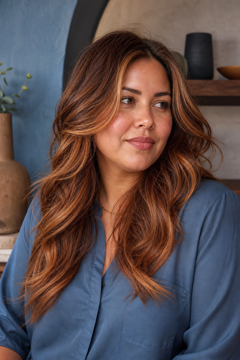 Long layered copper balayage with face-framing ribbons