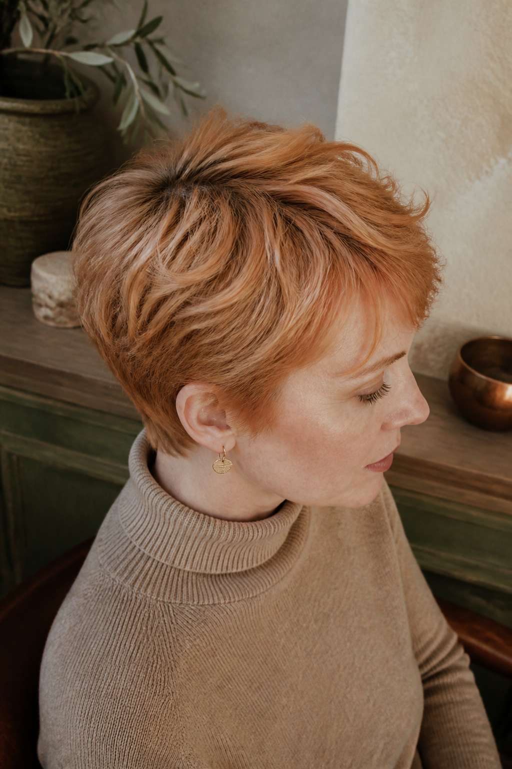 Soft strawberry copper textured pixie cut