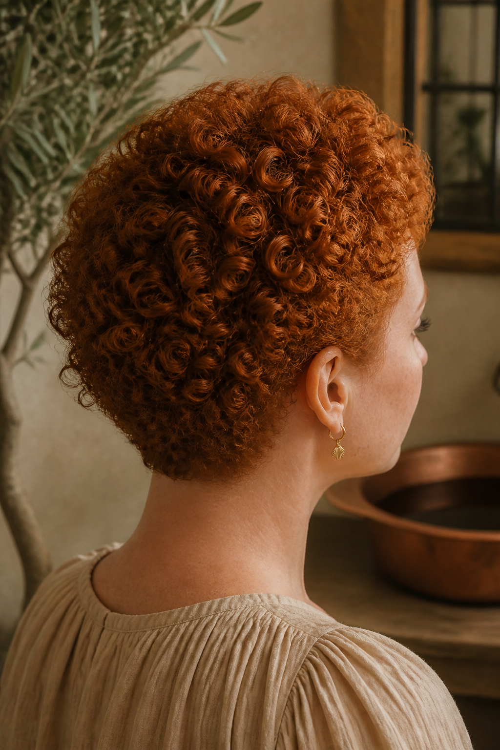 Bright ginger color on short natural coils