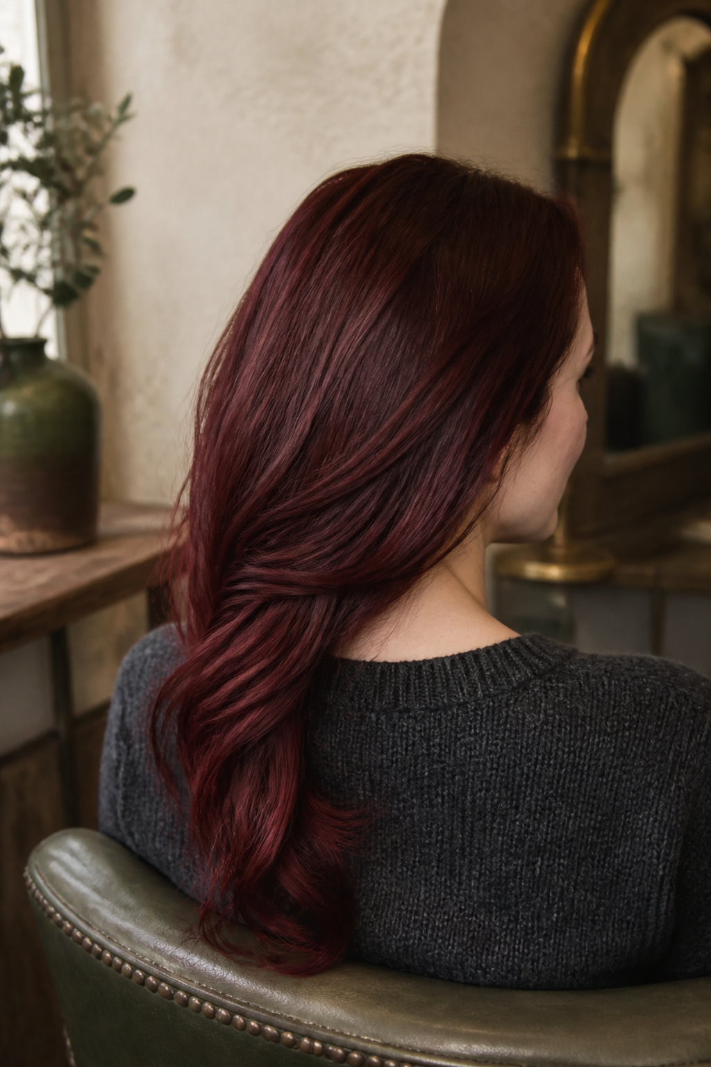 Muted burgundy glaze on long softly wavy hair