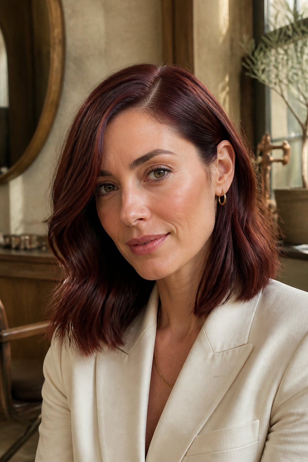 Deep mahogany red wavy lob hairstyle