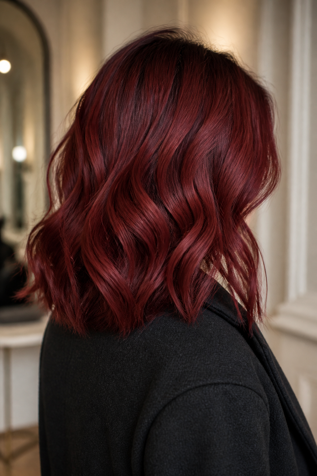 Bordeaux Red hairstyle shown in a realistic hair-focused editorial view