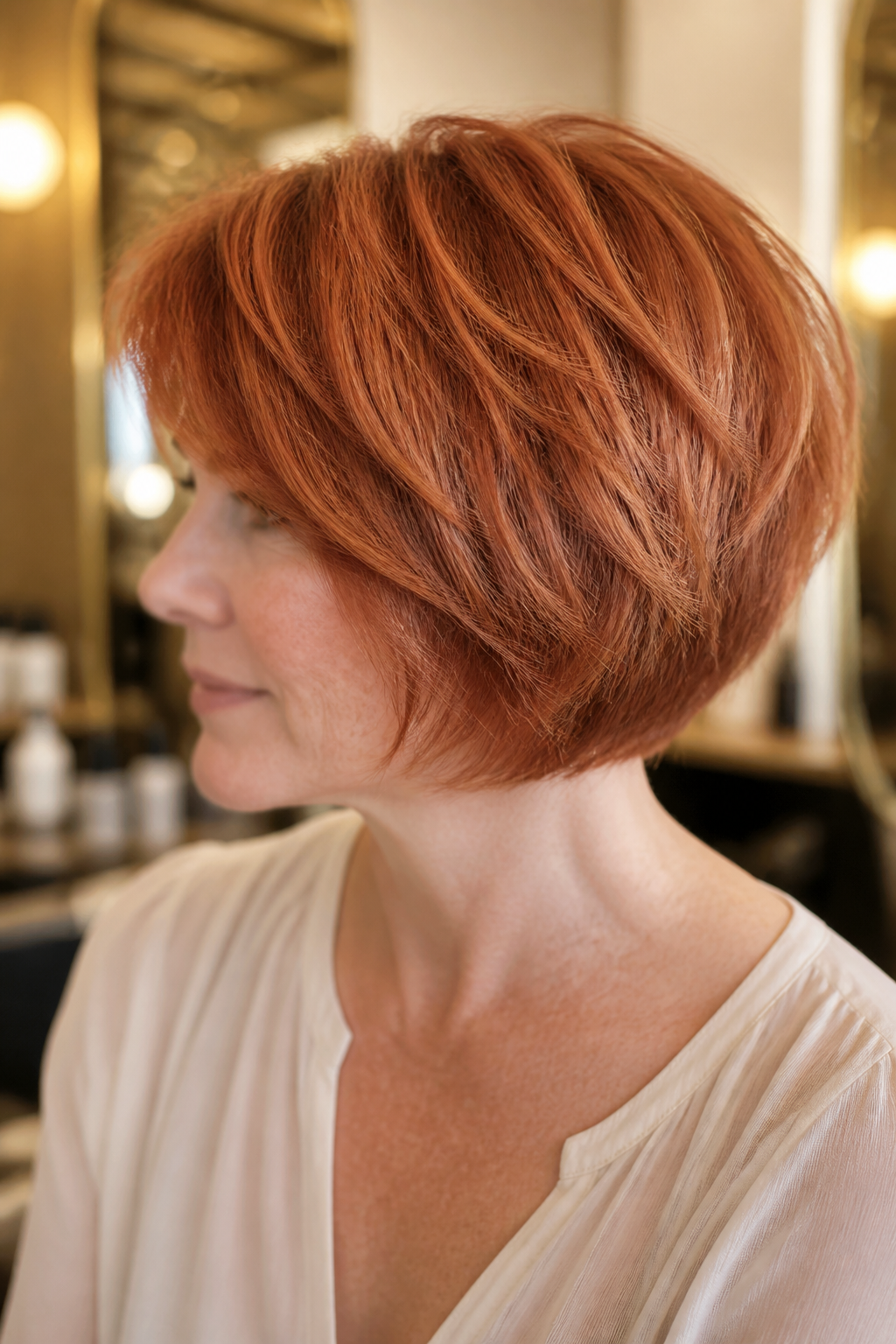 Rose Gold Red hairstyle shown in a realistic hair-focused editorial view