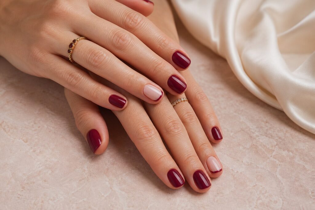 Short berry and blush manicure on a soft neutral background